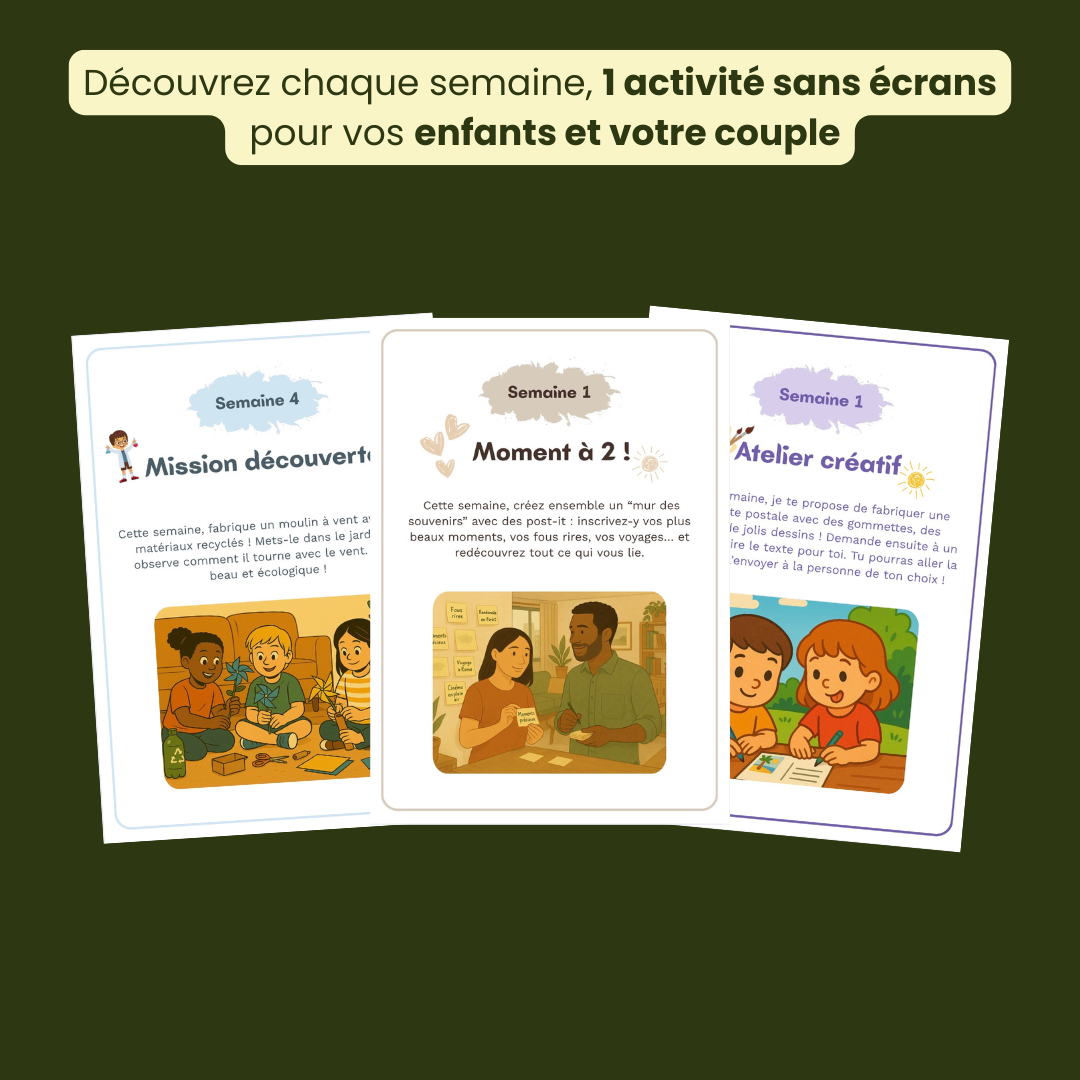 Calendriers d'activités famille Lifee 3-6 ans, 6-10 ans et couple sans écran
